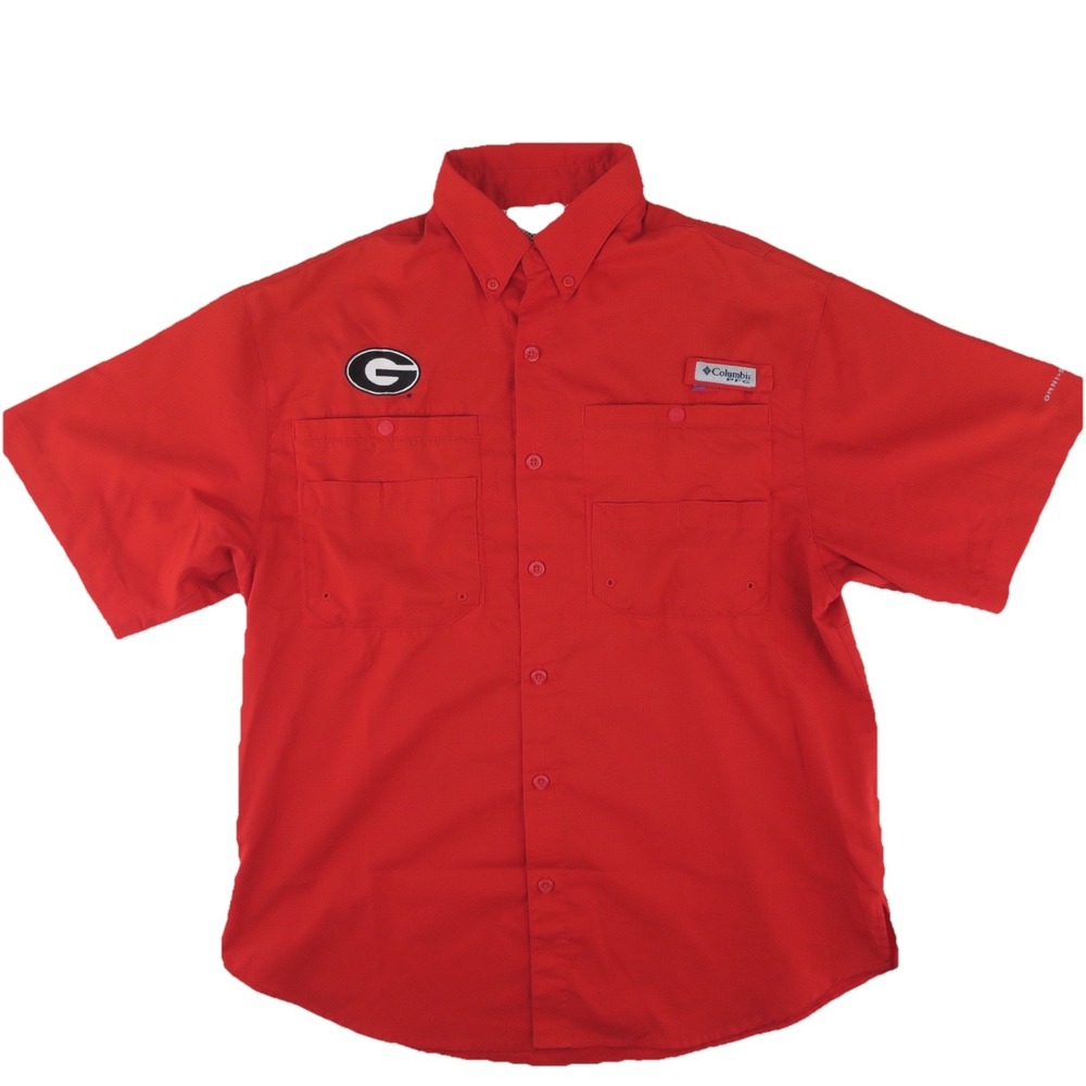 Columbia PFG UGA Georgia Bulldogs Vented Button Up Shirt Mens Small Red